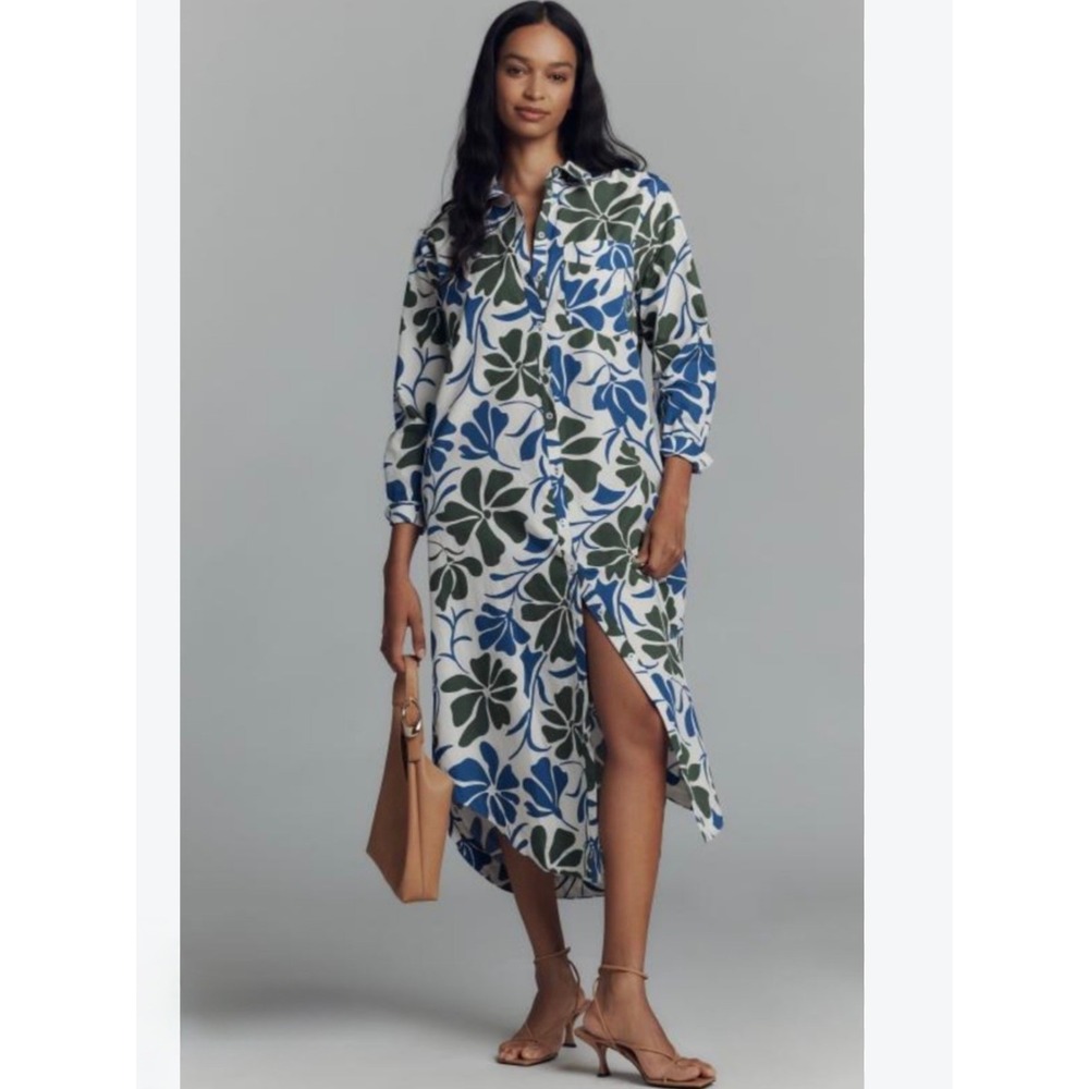 Maeve Anthropologie Soren Floral Button Down Shirt Blue Green Midi Dress XL